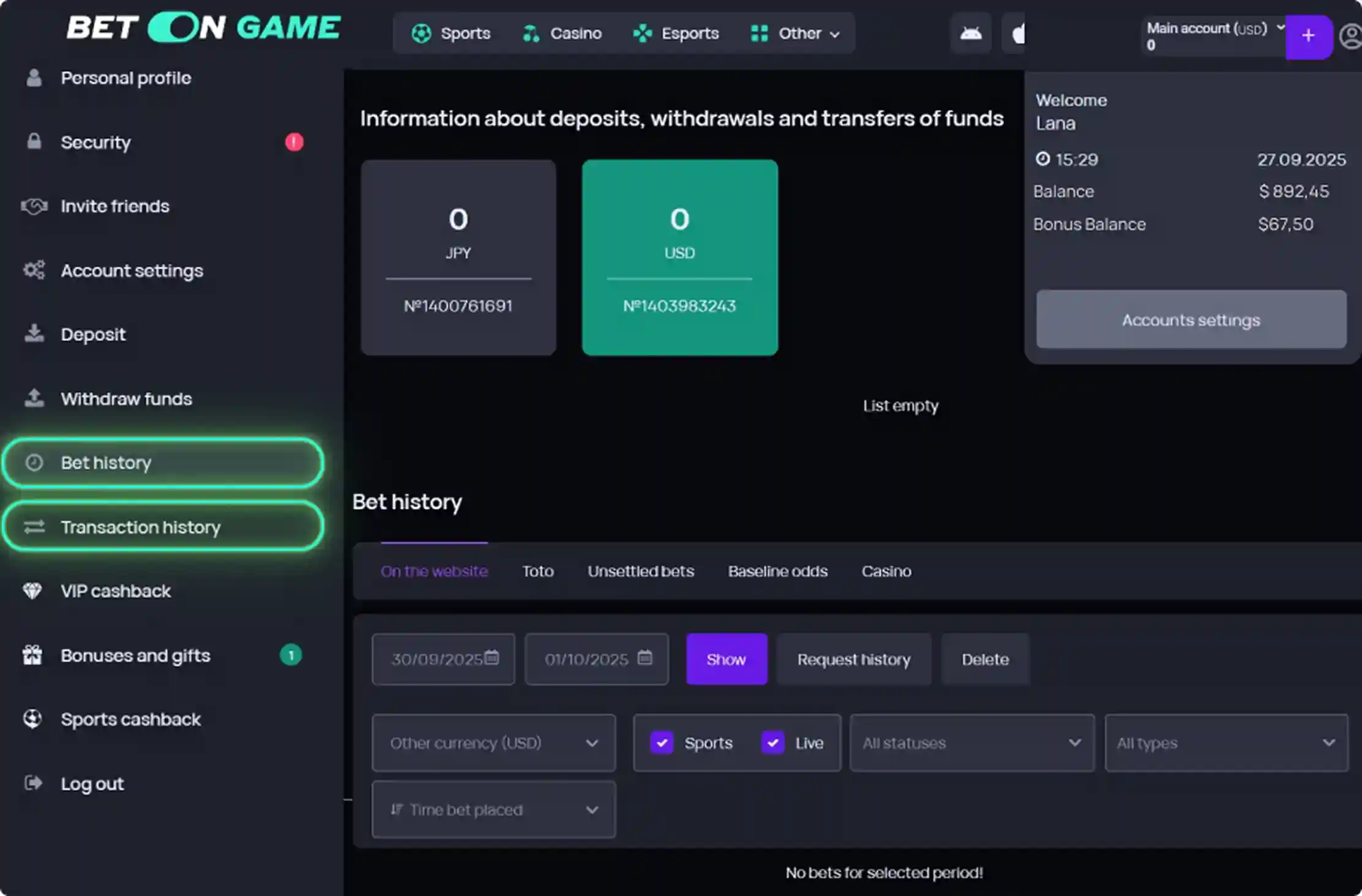 BetOnGame Account Balance