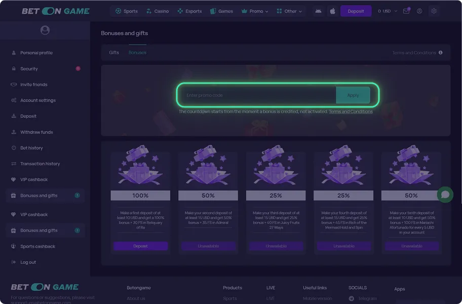 Enter your BetOnGame bonus code