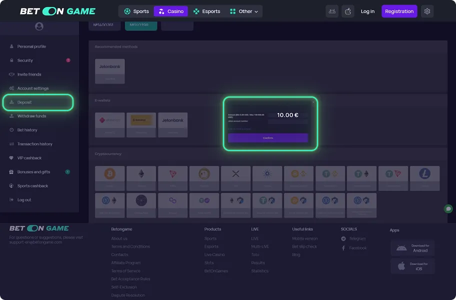 How to Start Playing at BetOnGame step 2